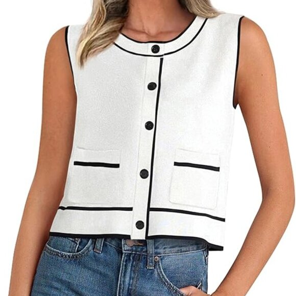 Vest Casual Button Down Sweater Vest Ribbed Knit Tank Tops With Pockets(White,X- - Picture 1 of 6